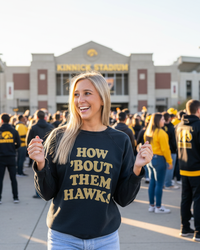Woman wearing Retro Brand Iowa Hawkeyes How Bout Them Hawks Sweatshirt at Kinnick Stadium