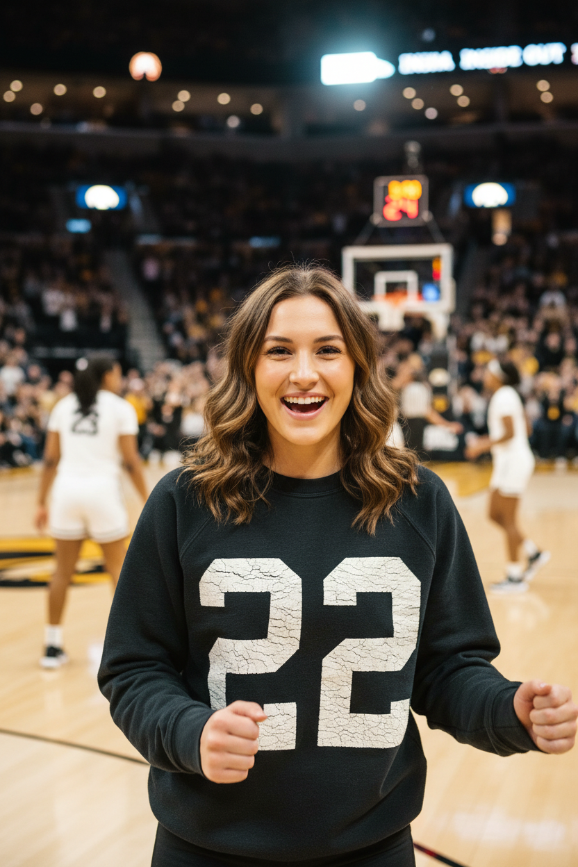 College girl wearing Retro Brand Inside Out Iowa 22 Sweatshirt at Iowa women's basketball game courtside