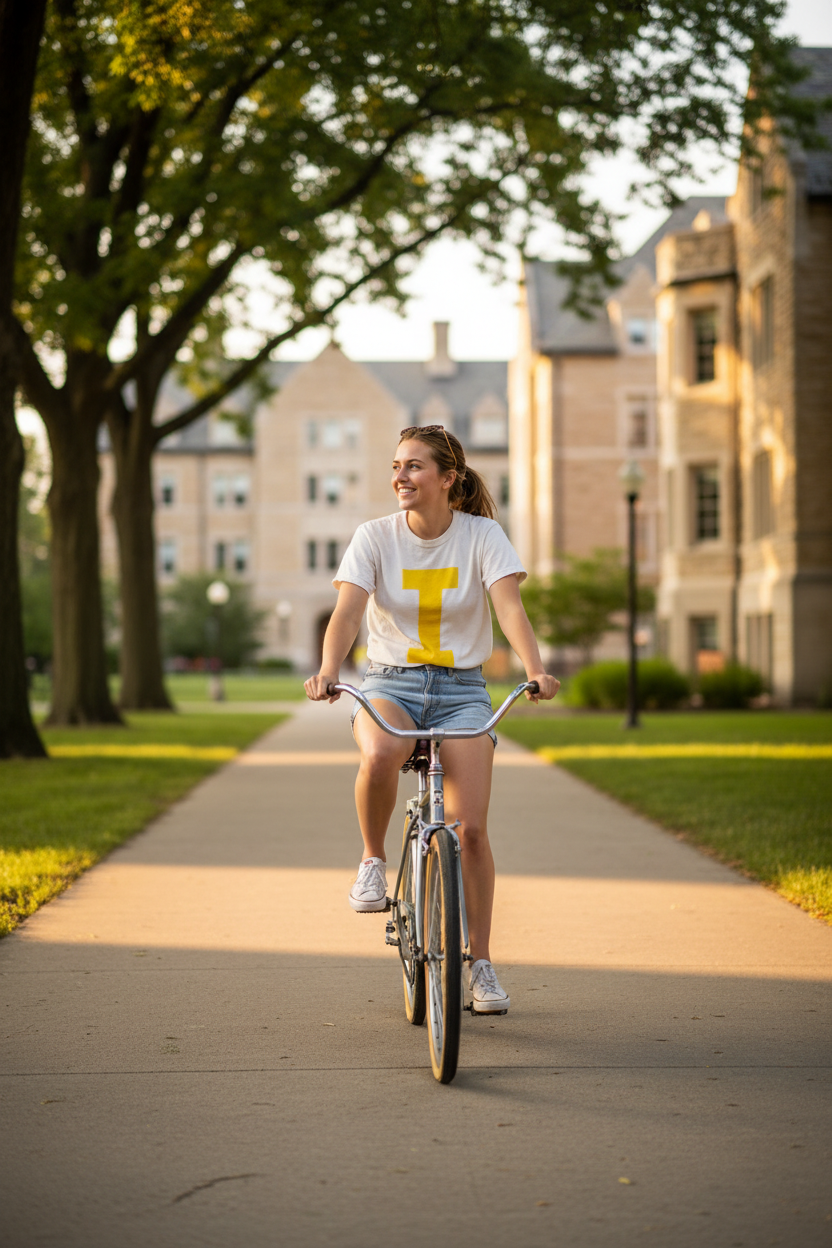 Woman wearing Retro Brand Iowa Hawkeyes Varsity Collegiate I Tee Vintage White biking on University of Iowa campus