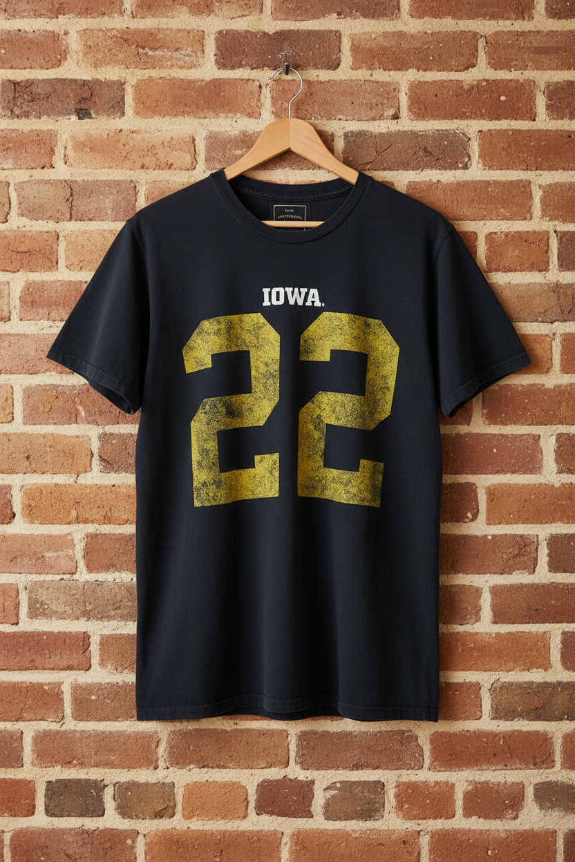 Retro Brand Iowa 22 Tee Washed Black hanging on brick wall
