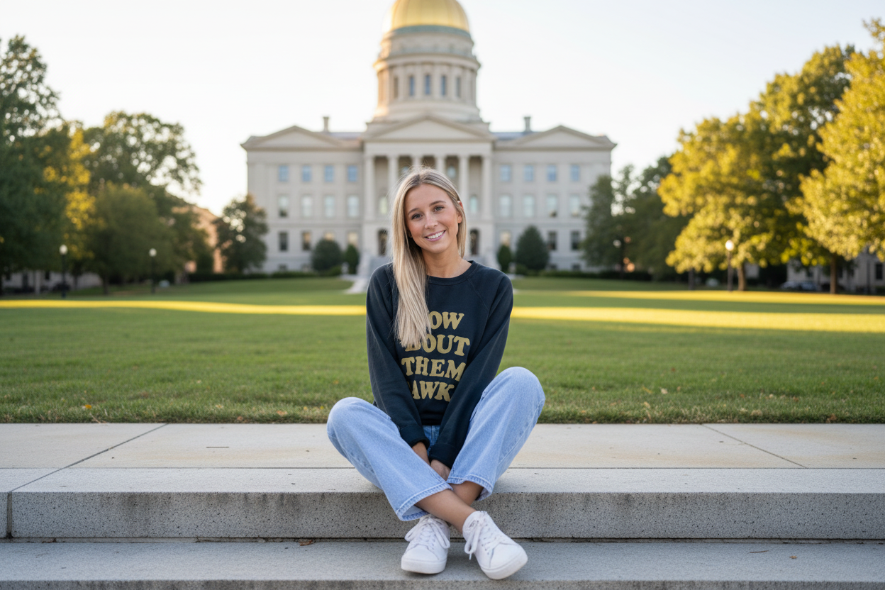 Woman wearing Retro Brand Iowa Hawkeyes How Bout Them Hawks Sweatshirt on University of Iowa Pentacrest