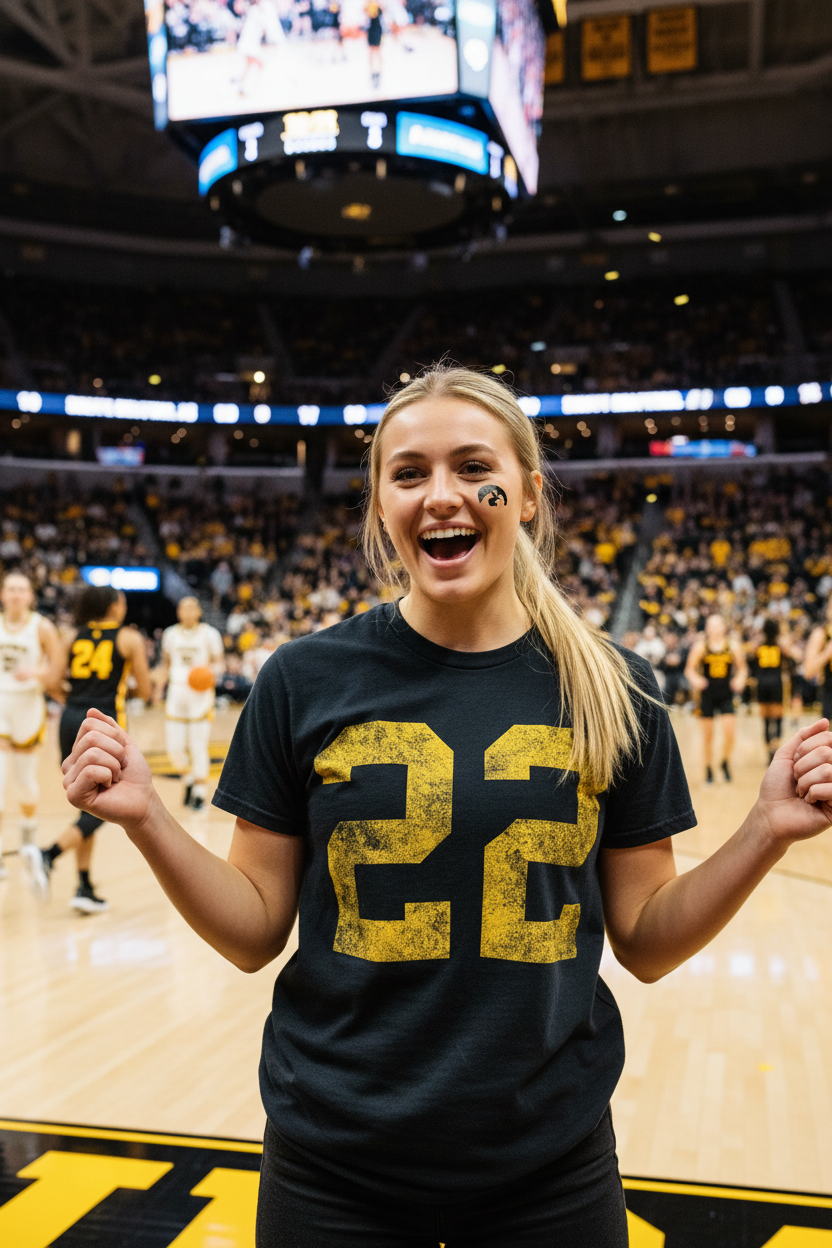 College girl wearing Retro Brand Iowa 22 Tee at Iowa women's basketball game courtside