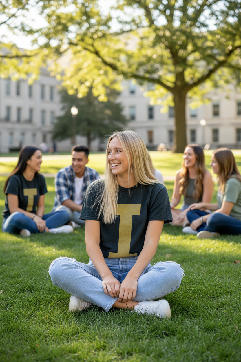Woman wearing Retro Brand Iowa Hawkeyes Varsity Collegiate I Tee Black on University of Iowa quad
