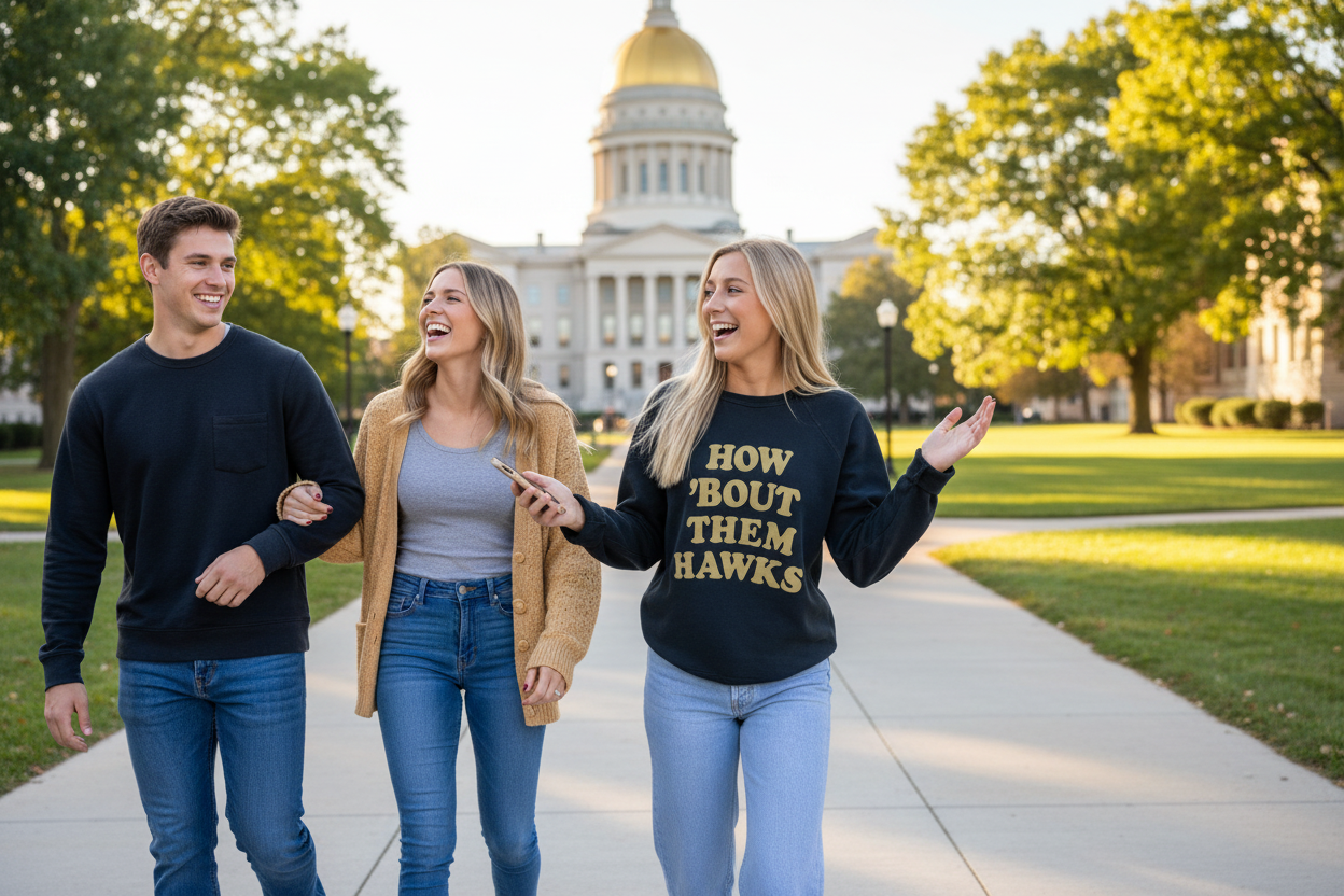 Woman wearing Retro Brand Iowa Hawkeyes How Bout Them Hawks Sweatshirt on University of Iowa campus