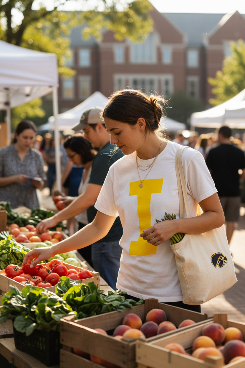 Woman wearing Retro Brand Iowa Hawkeyes Varsity Collegiate I Tee Vintage White at University of Iowa farmers market