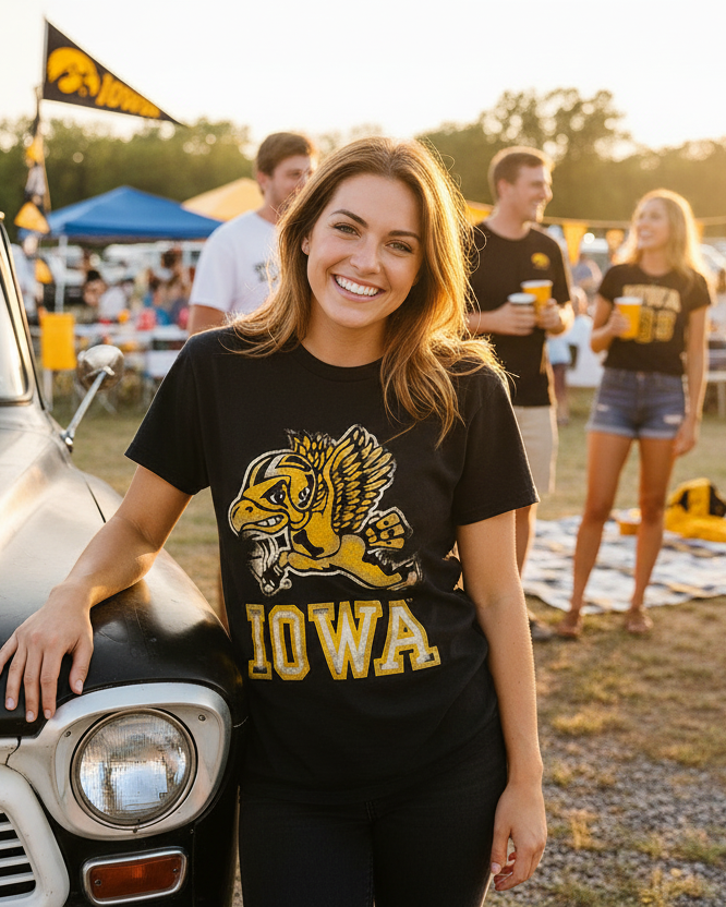 Woman wearing Retro Brand Flying Herky Tee at tailgate