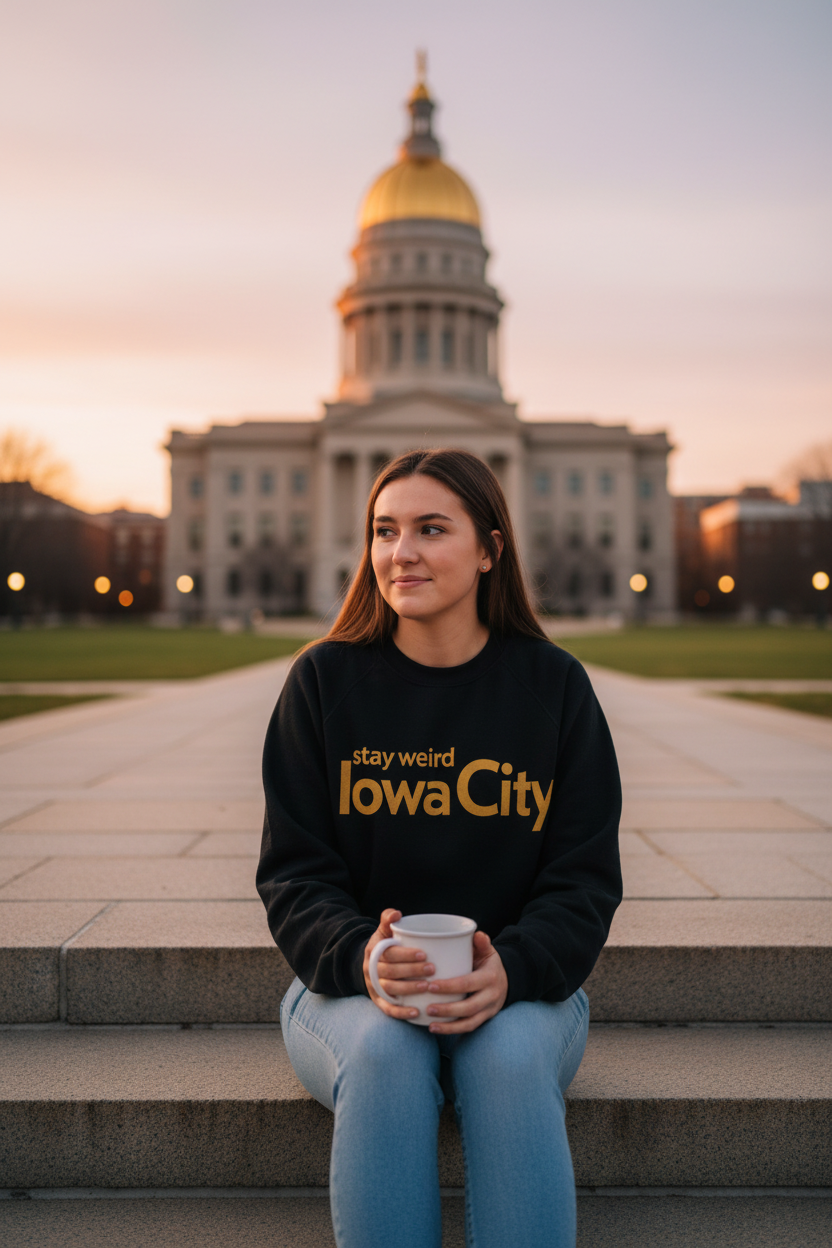 Woman wearing Retro Brand Stay Weird Iowa City Varsity Sweatshirt on University of Iowa Pentacrest