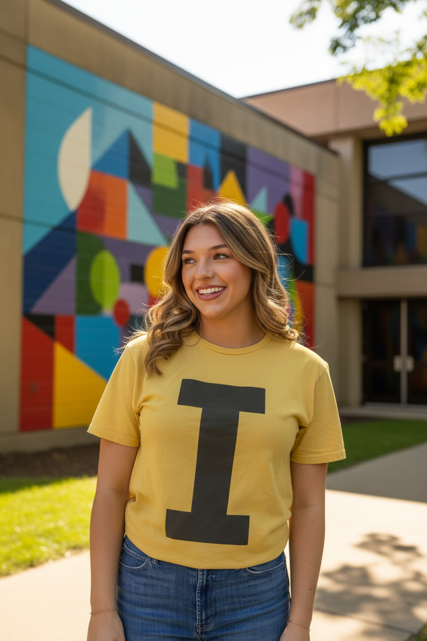 Woman wearing Retro Brand Iowa Hawkeyes Varsity Collegiate I Tee Old Gold at University of Iowa Art Building
