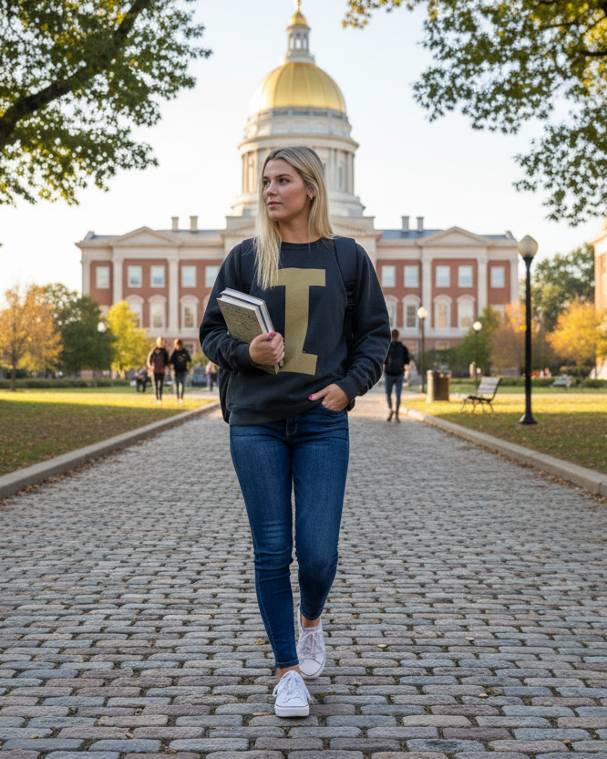 Woman wearing Retro Brand Iowa Hawkeyes Varsity I Sweatshirt Black on University of Iowa campus
