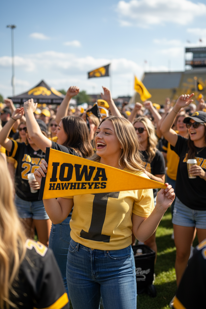 Woman wearing Retro Brand Iowa Hawkeyes Varsity Collegiate I Tee Old Gold at Kinnick Stadium tailgate