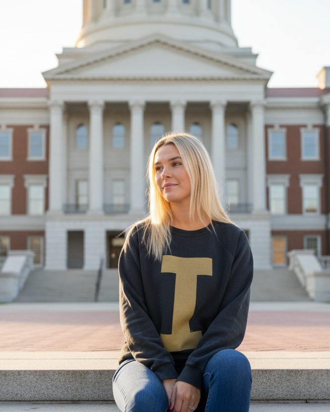 Woman wearing Retro Brand Iowa Hawkeyes Varsity I Sweatshirt Black on University of Iowa Pentacrest