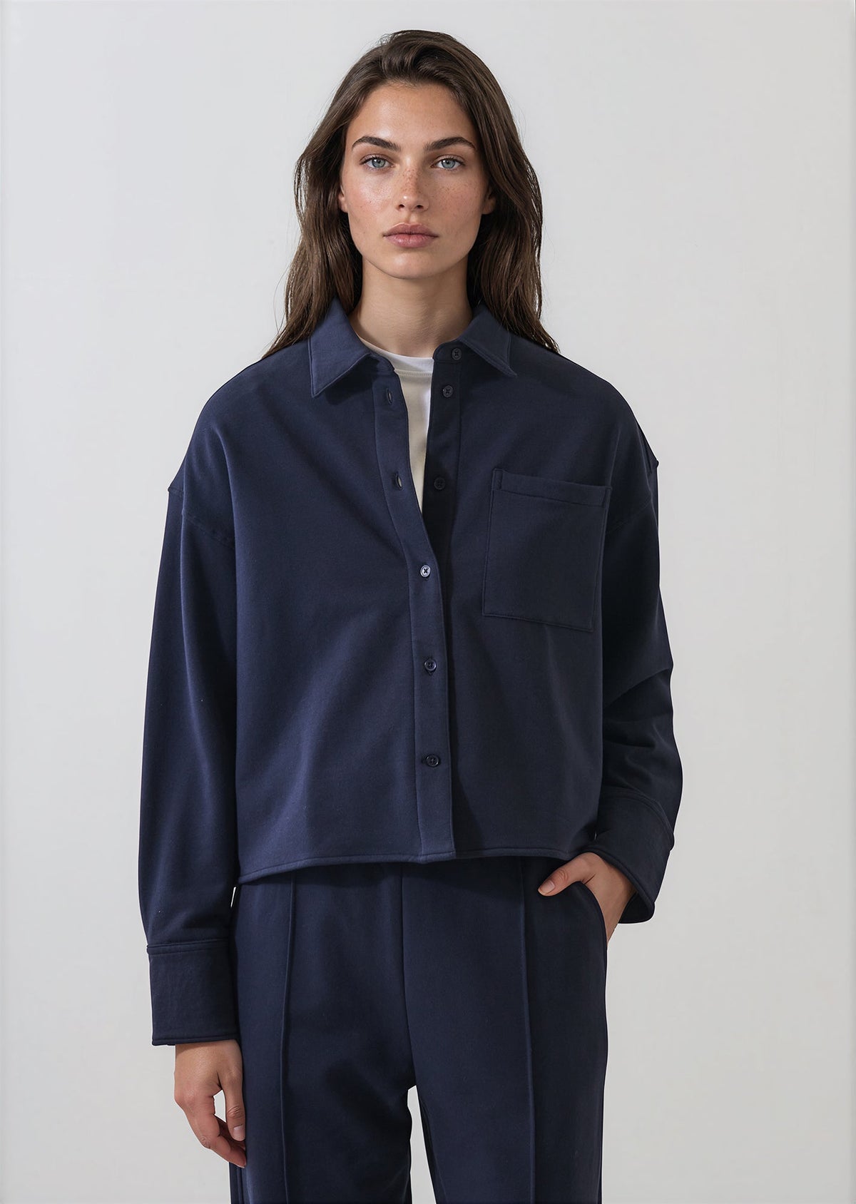 Patrick Assaraf Brushed French Terry Boxy Shirt Dark Navy