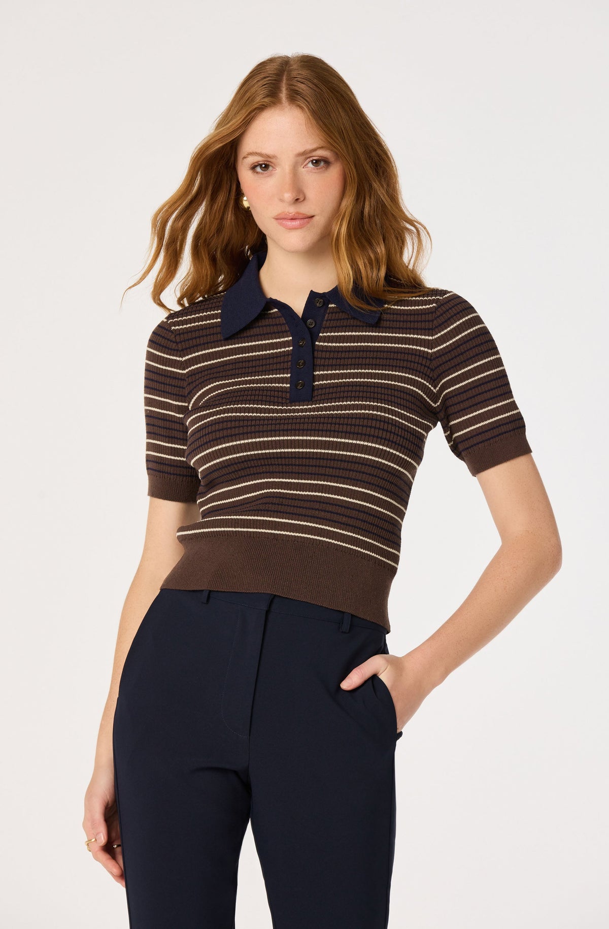 ASTR Iris Striped Polo Sweater Brown Navy Stripe