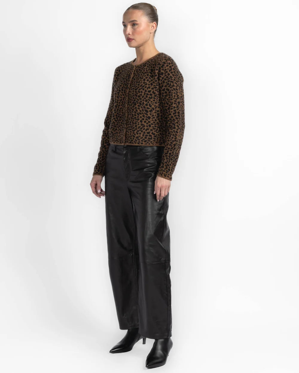 White + Warren Cashmere Leopard Print Cardigan 21865 in Cedarwood / Black Leopard, view 4