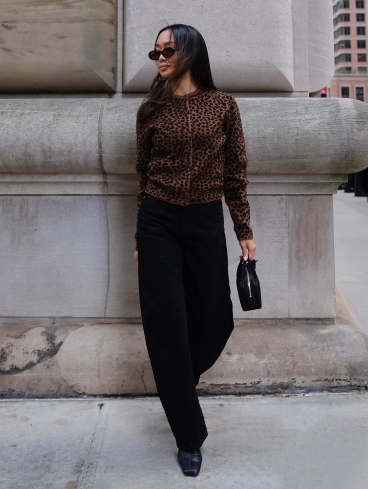 White + Warren Cashmere Leopard Print Cardigan 21865 in Cedarwood / Black Leopard, view 7