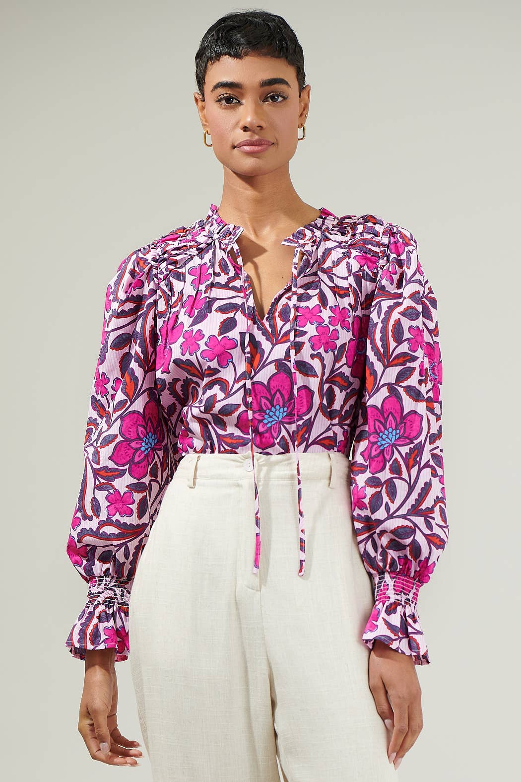 Sugar Lips Aubrey Floral Russo Pleated Long Sleeve Blouse