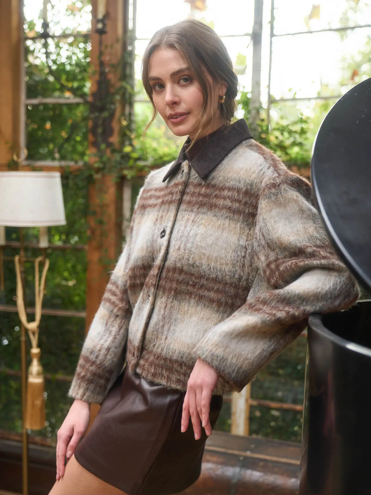 Moon River Brushed Plaid Contrast Collar Jacket MS1095