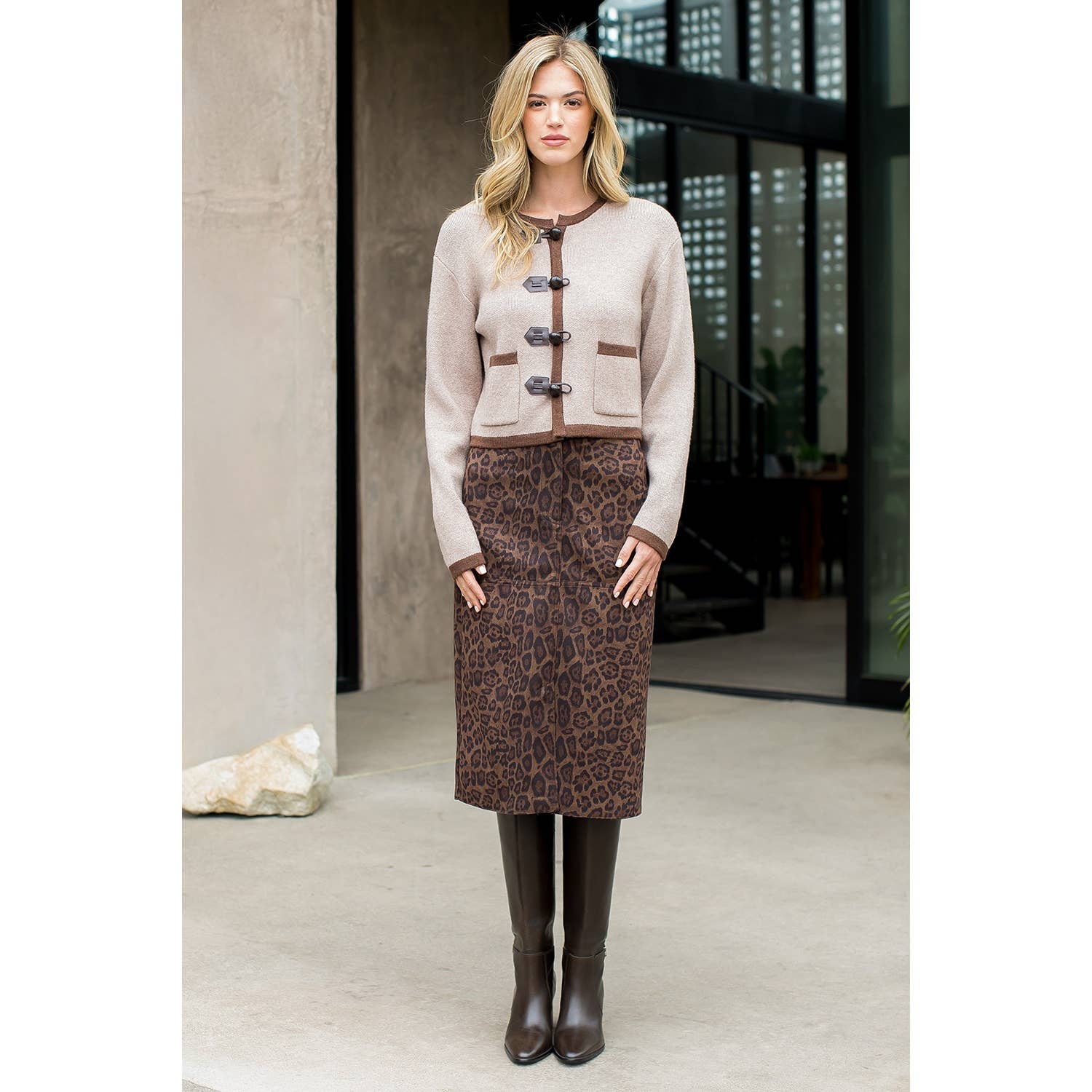 THML Leopard Print Suede Midi Skirt THS1805