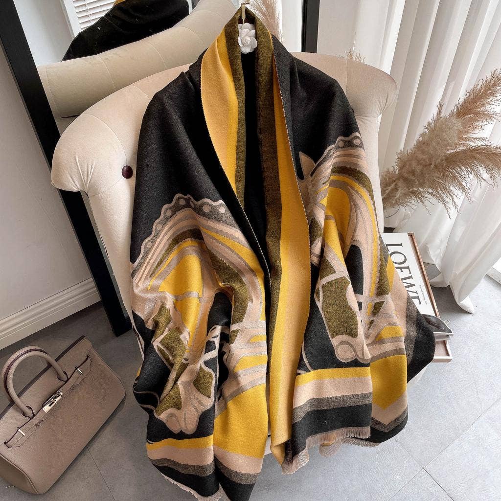 Thames Collection Equestrian Yellow/Black Crest Reversible Wrap –Artisan Shawl