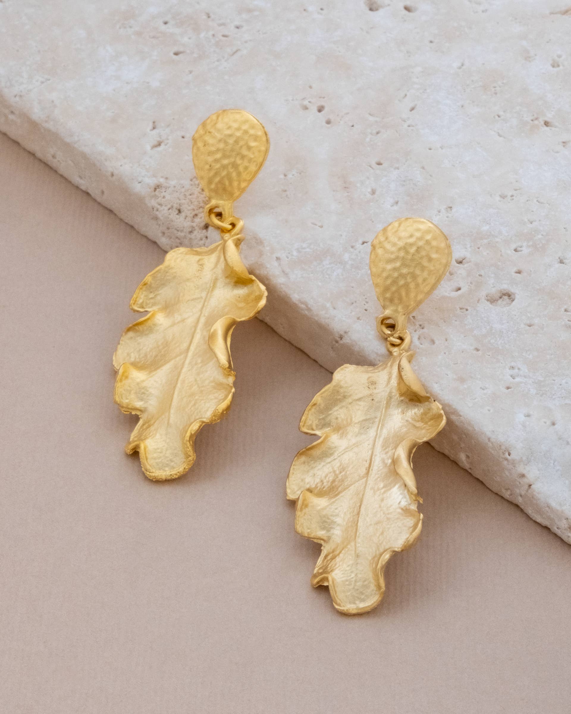 Sarka + Cleo Brushed Gold Statement Tear Drop Leaf Earrings