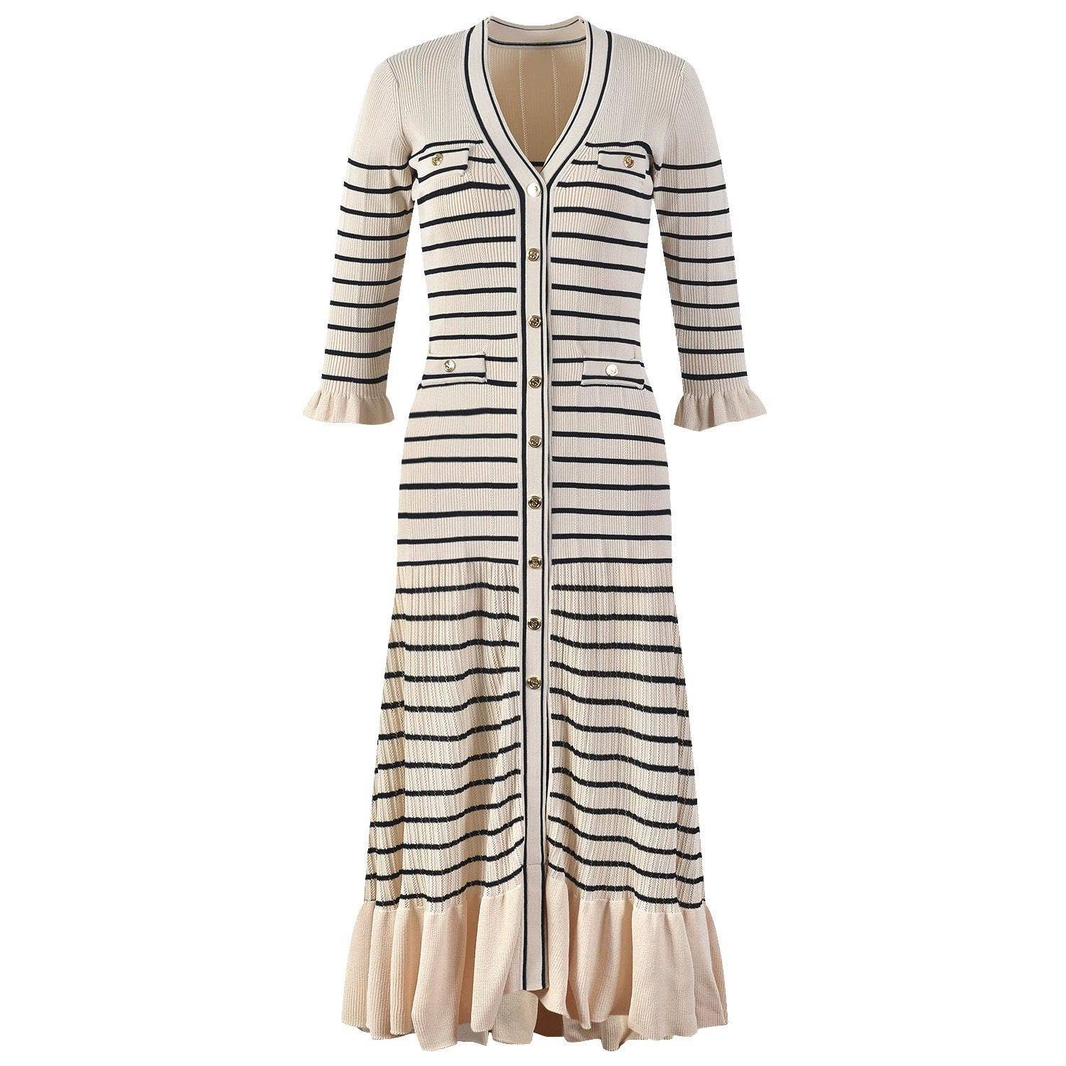 Thames Collection Striped Knit Ruffle Short Sleeve Button-Down Dress DR378