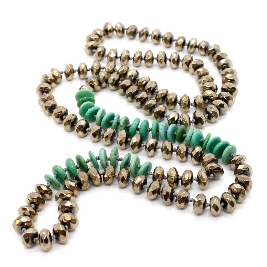 Lizou Hand-Knotted Green Turquoise and Pyrite Necklace #27