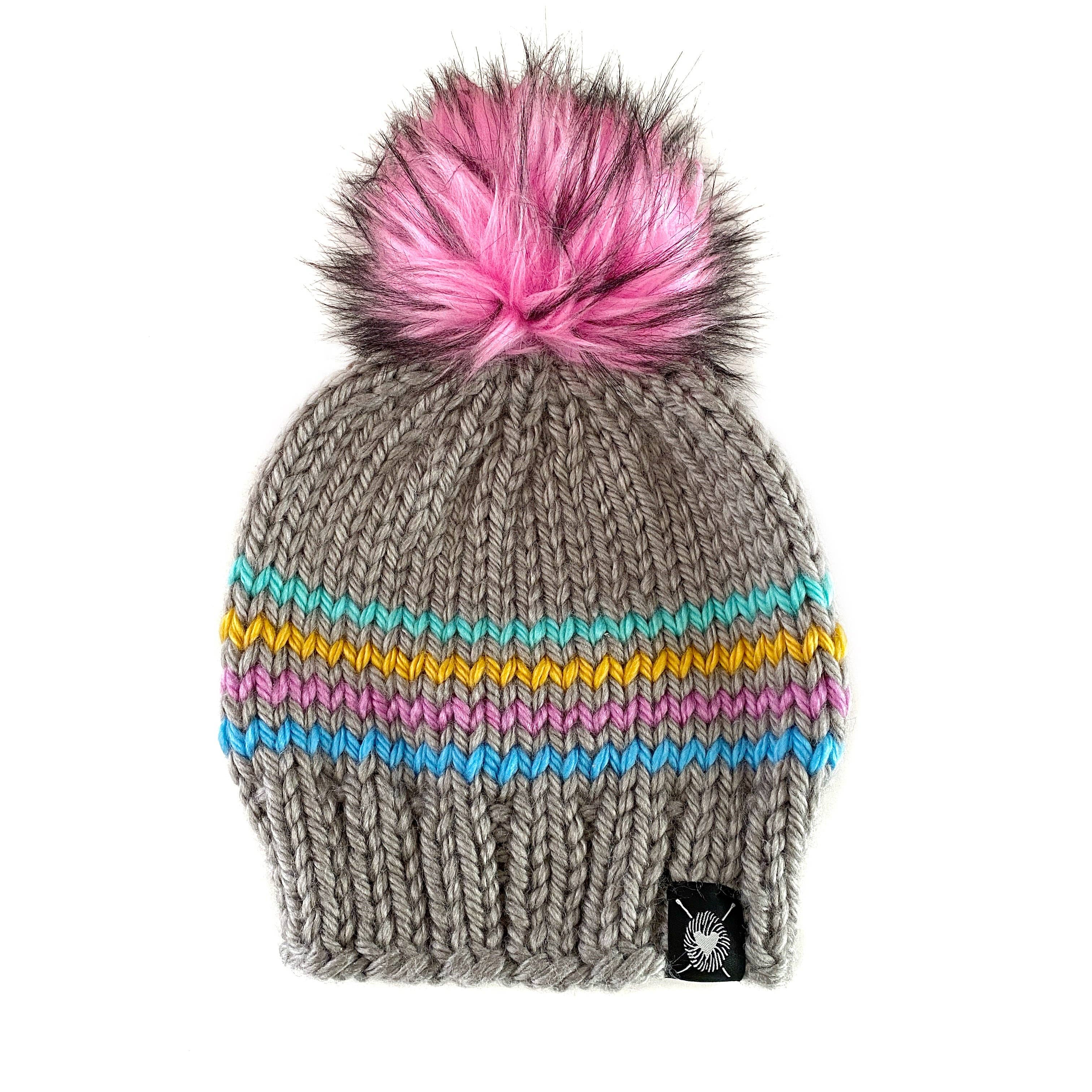 Nickichicki Zero Waste : Four Stripe Faux Fur Pom-Pom Beanie(wool free)