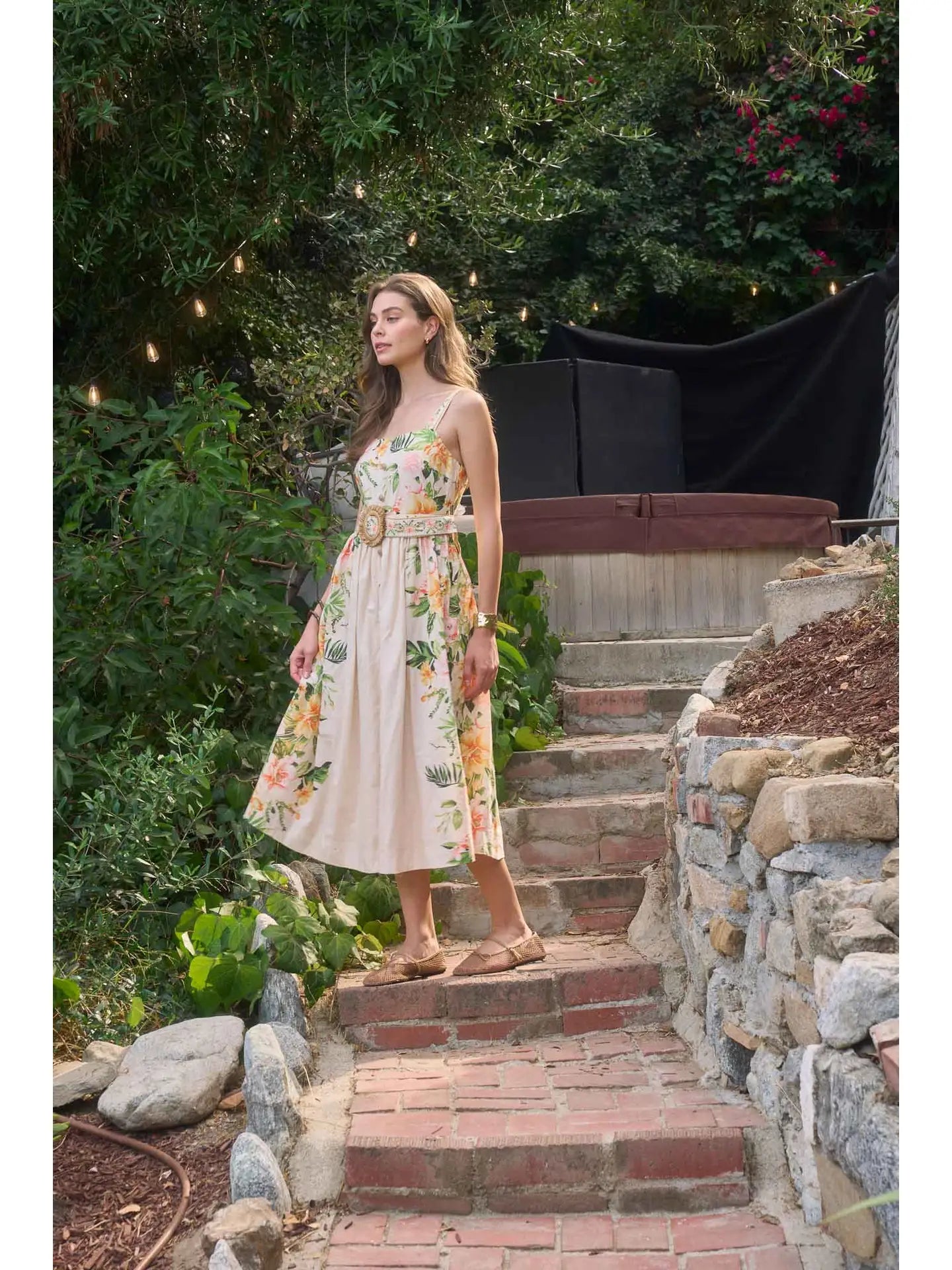 Moon River Sleeveless Square Neck Floral Print Dress with Belt Detail MR9697