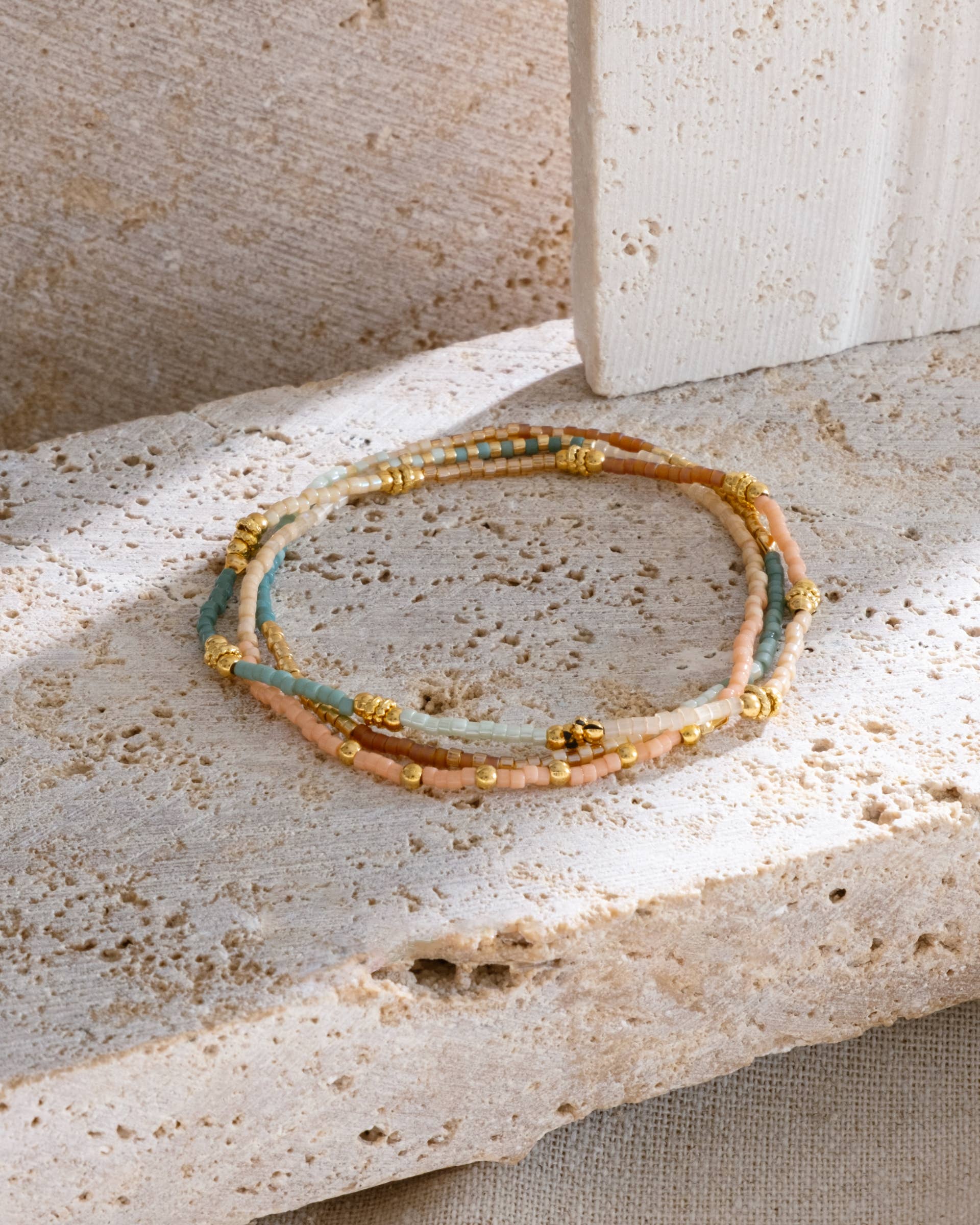 Mayana Set of 3 Miyuki Beaded Stretch Bracelets Peach/Aqua/Tan