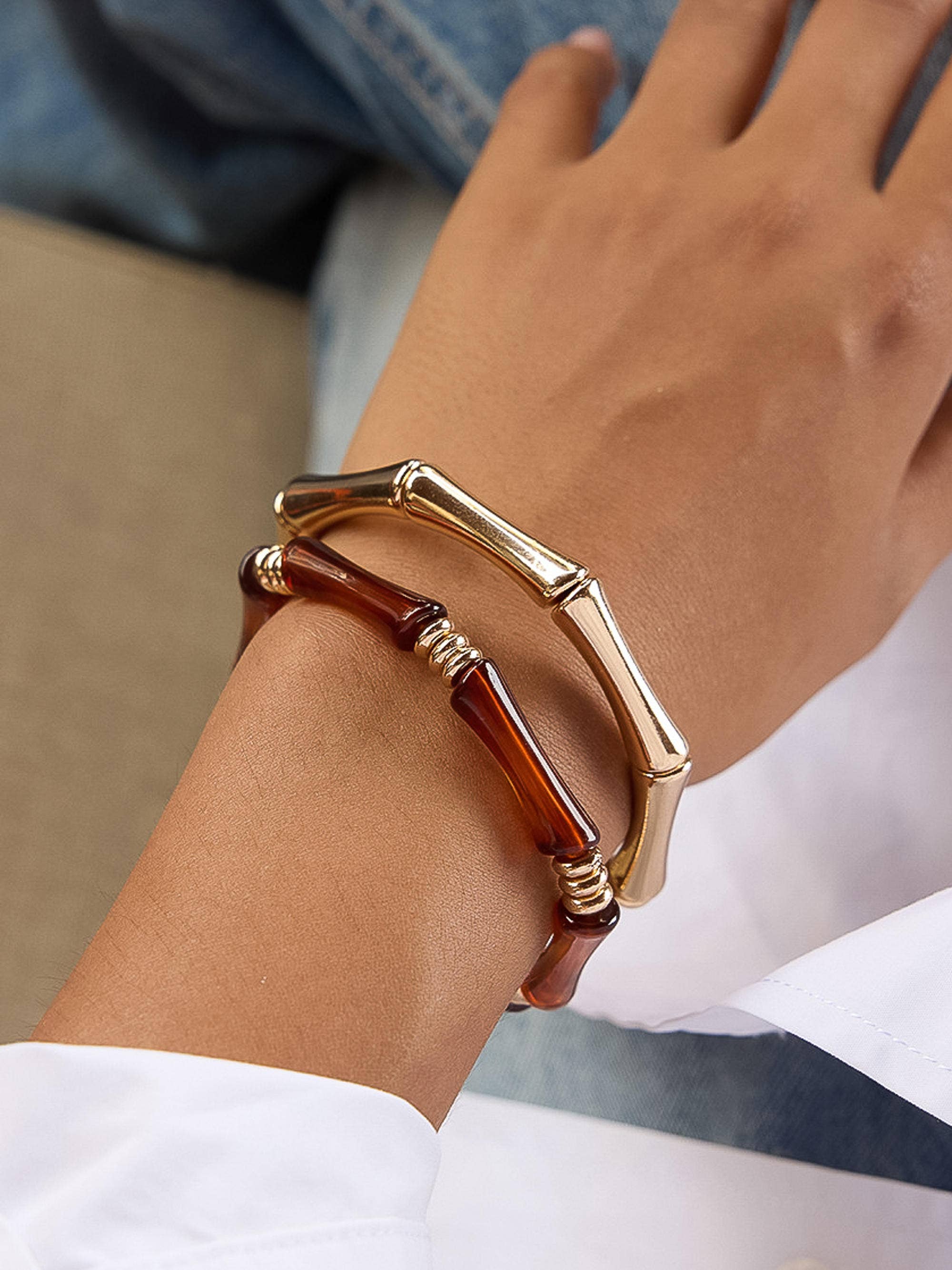 Flânerie Alun 18K Gold Non-Tarnish Bamboo Resin Bangle Set