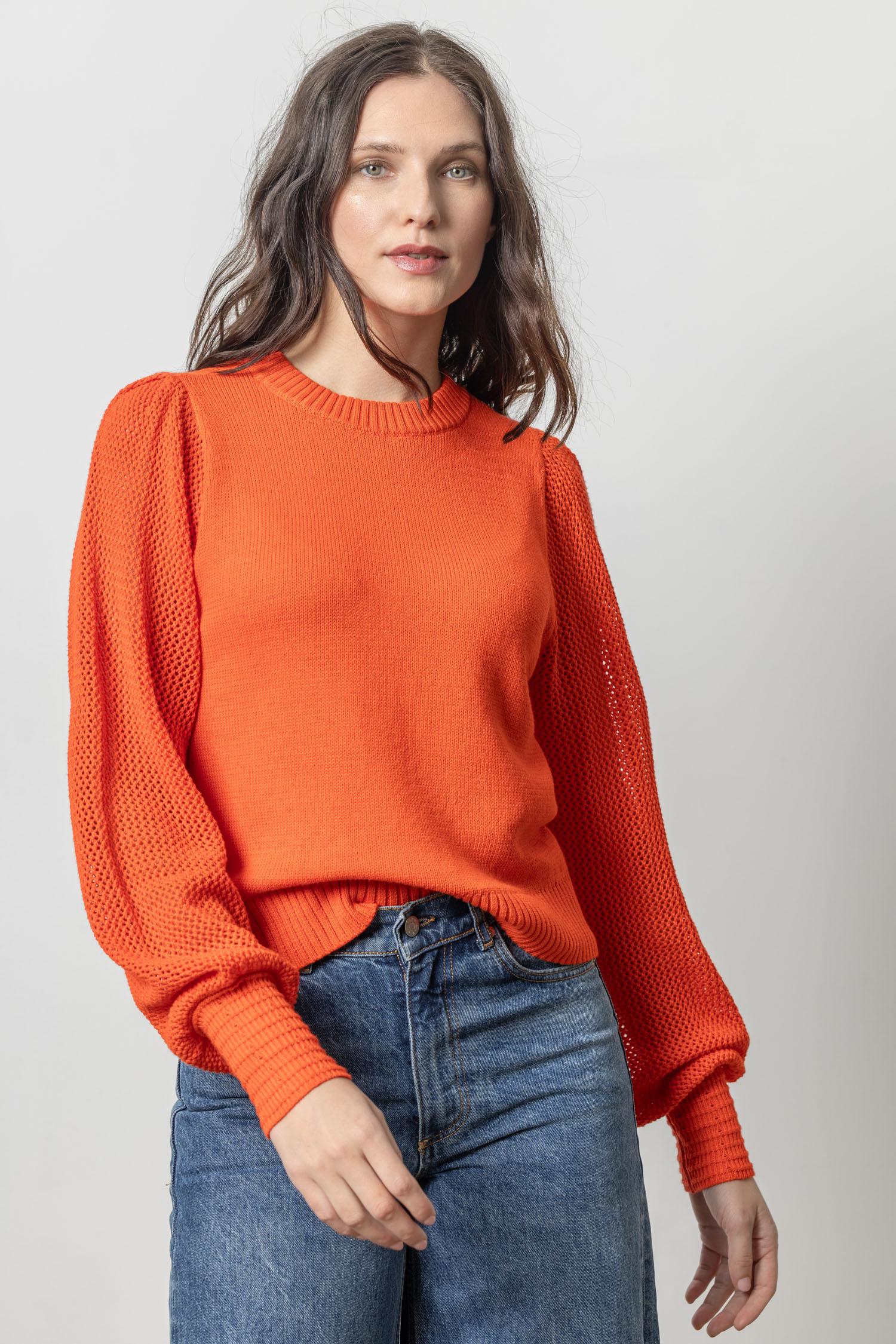 Lilla P Pointelle Sleeve Crewneck Sweater