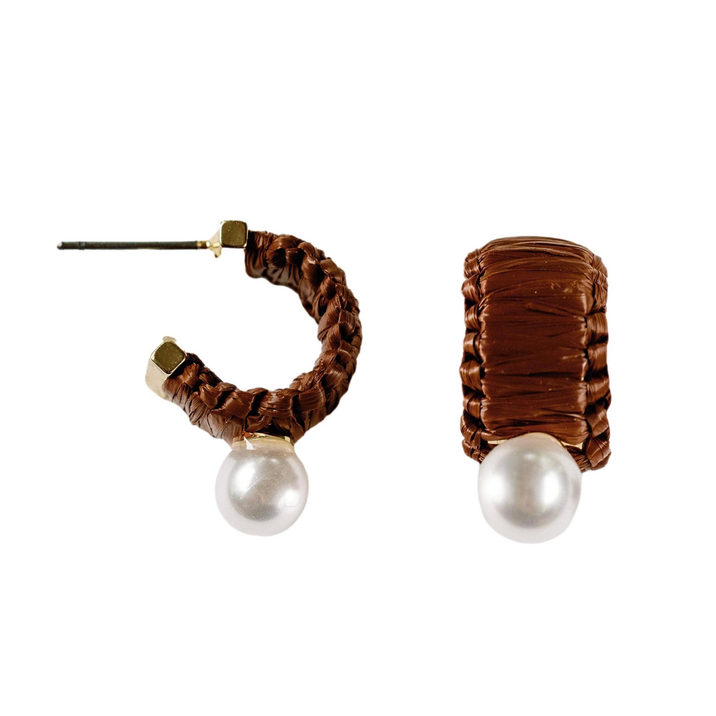 St. Armands Mini Espresso Raffia and Pearl Huggie Hoop Earrings