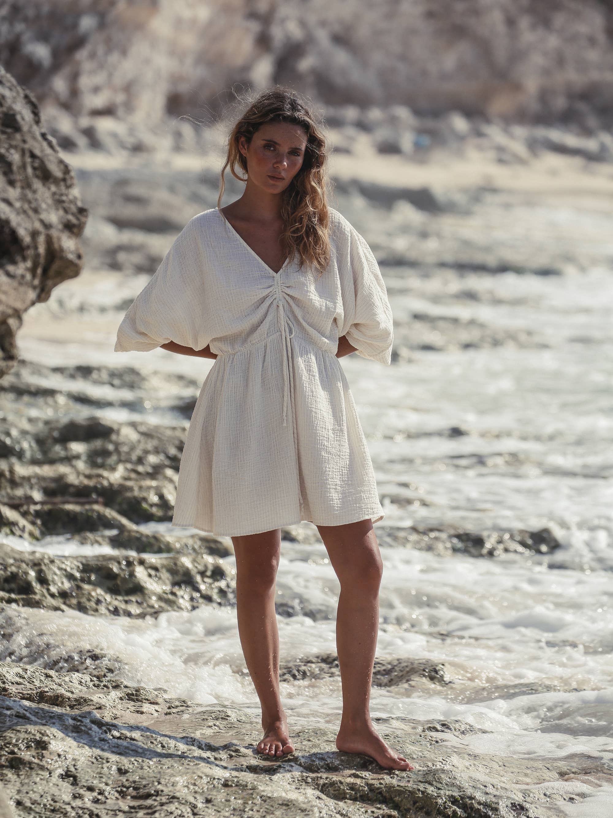 The Handloom Gaia Drawstring Mini Dress - Natural