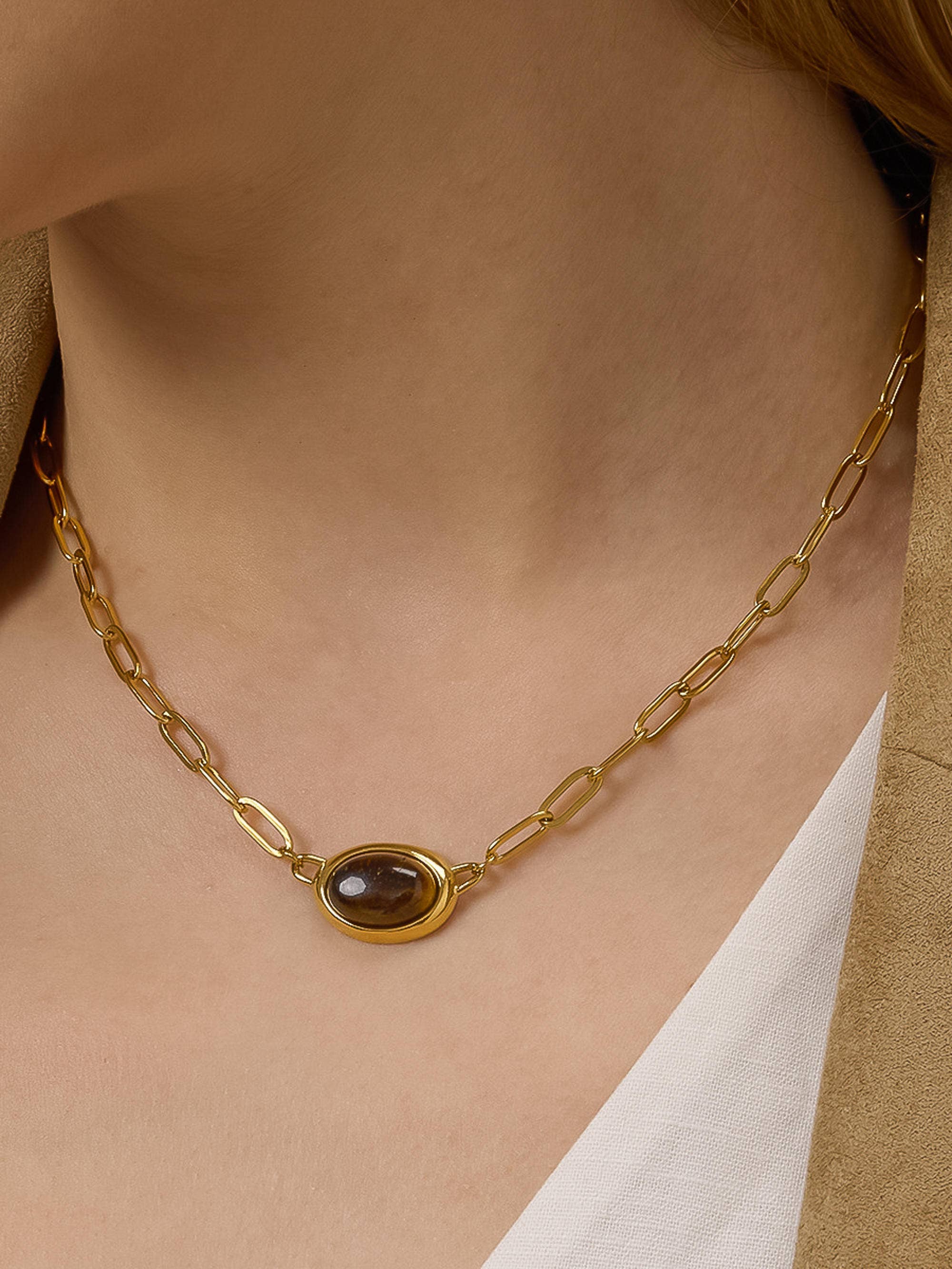 Flânerie Shay 18K Gold Non-Tarnish Oval Stone Chain Necklace