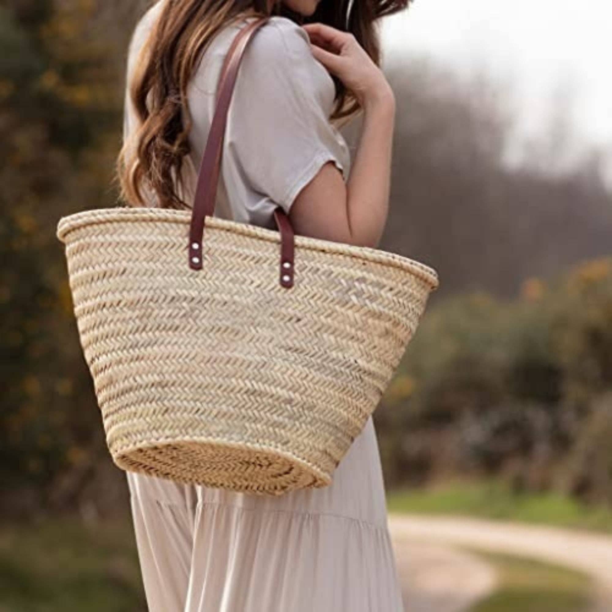 French Market Bags Basket Beach Bag with Leather Handles #3