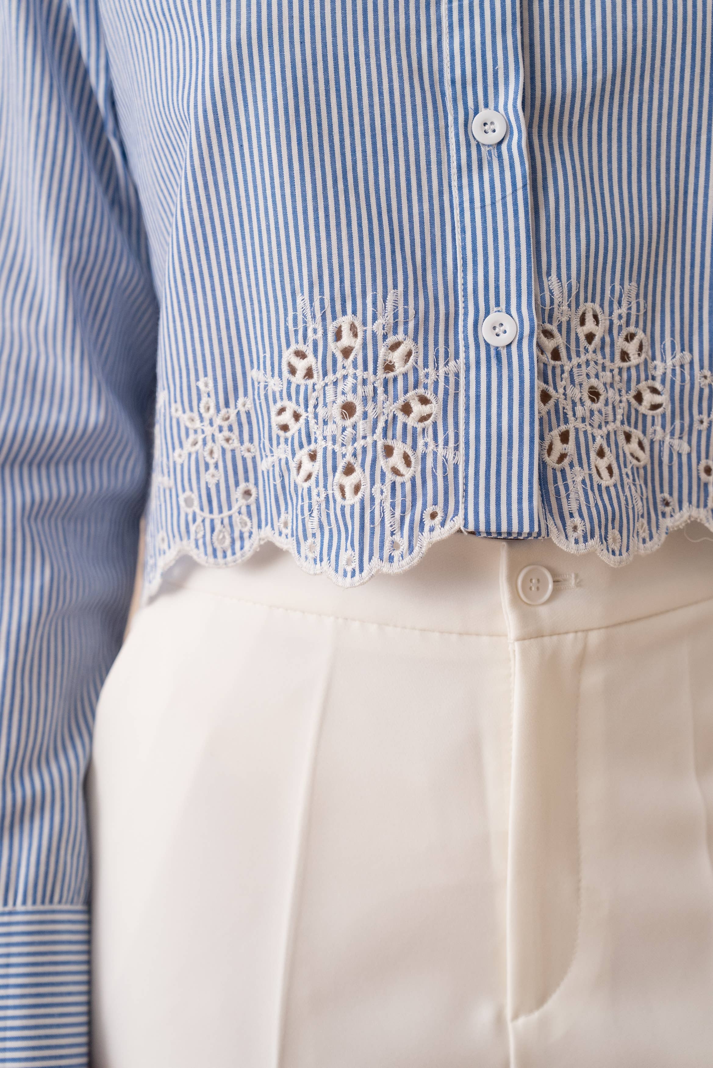 European Collection - Striped & Eyelet Cropped Shirt