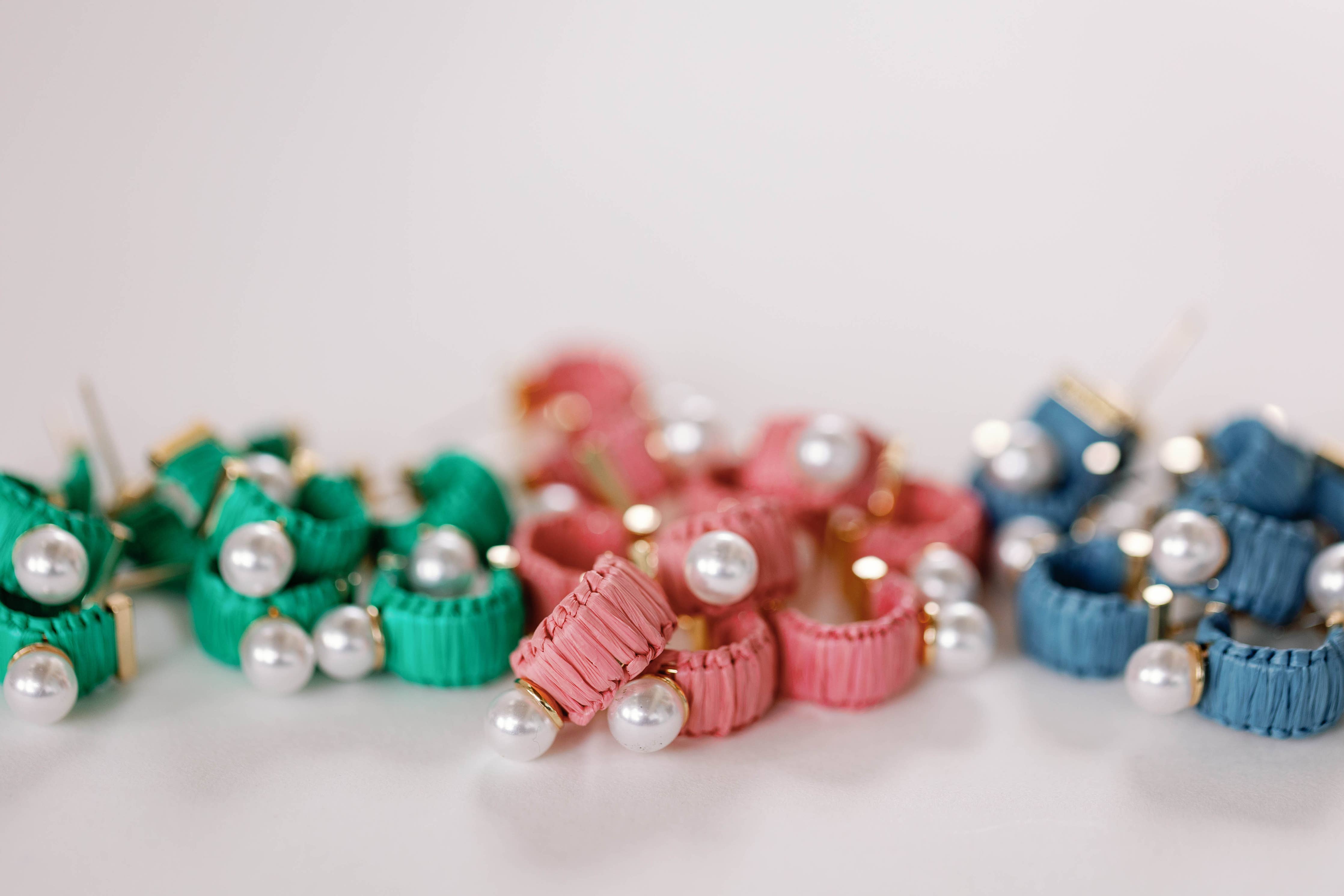 Mini Pink Raffia and Pearl Huggie Hoop Earrings