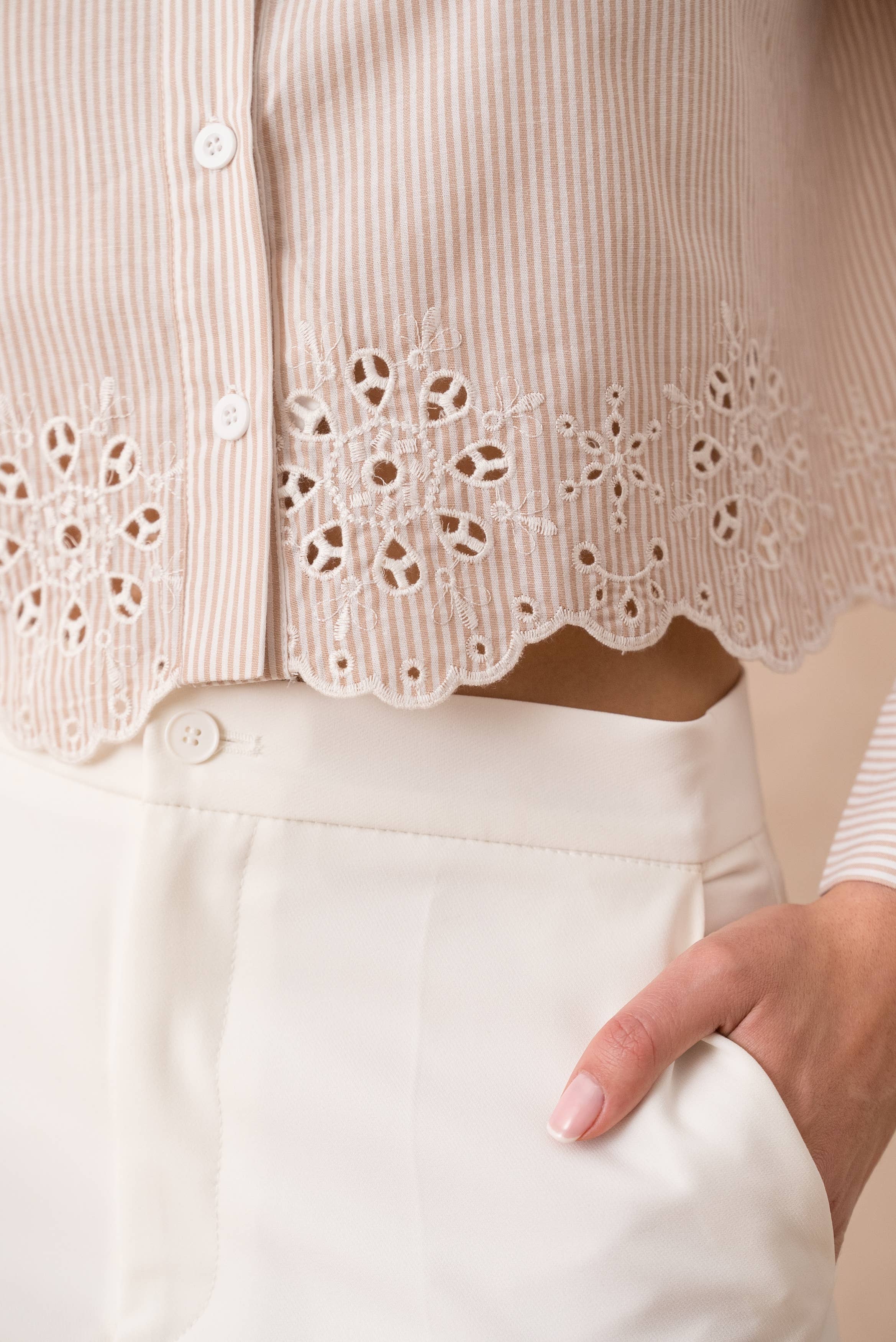 European Collection - Striped & Eyelet Cropped Shirt