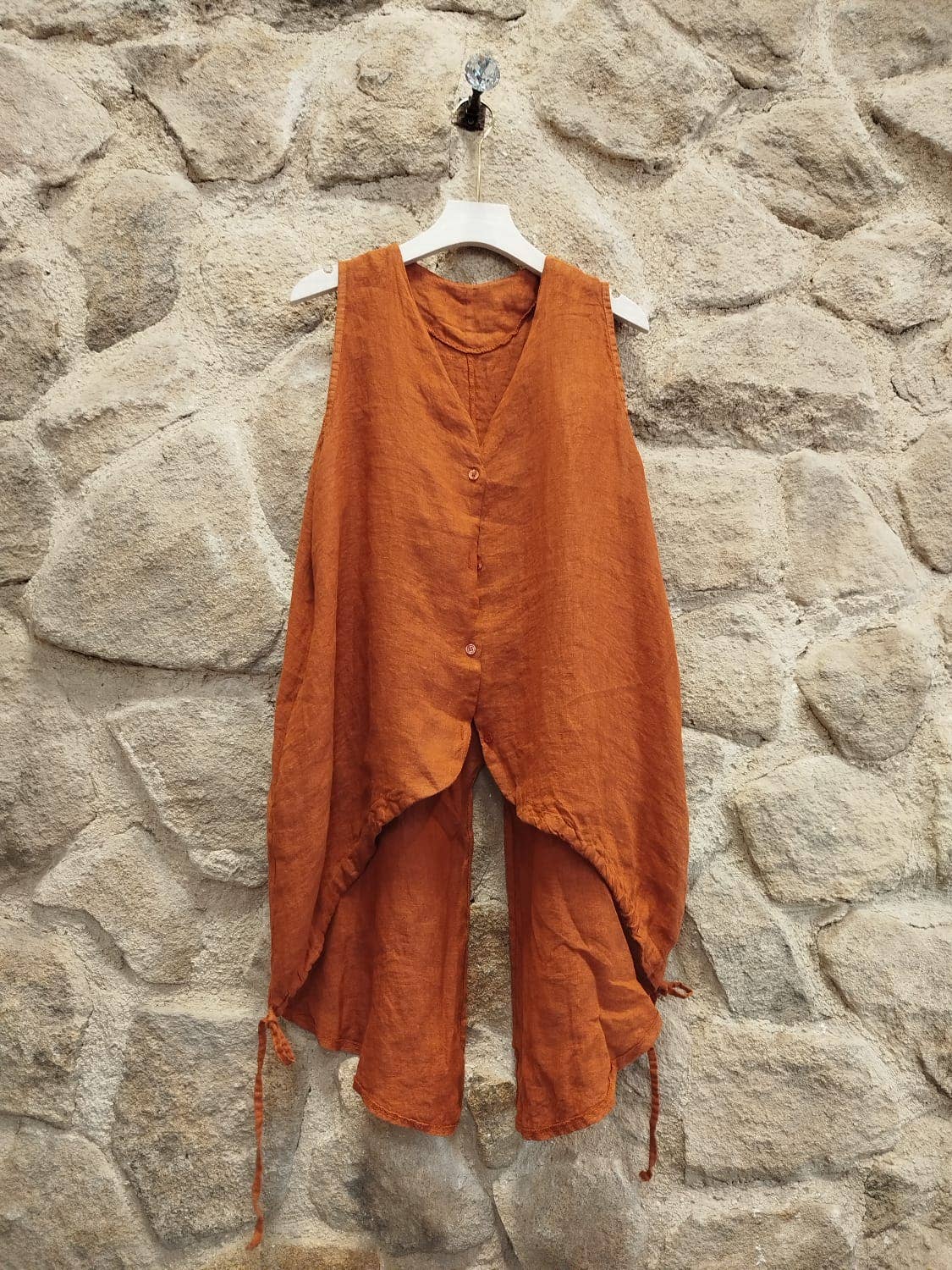 European Linen Sleeveless Tunic Vest with Adjustable Ties 8556