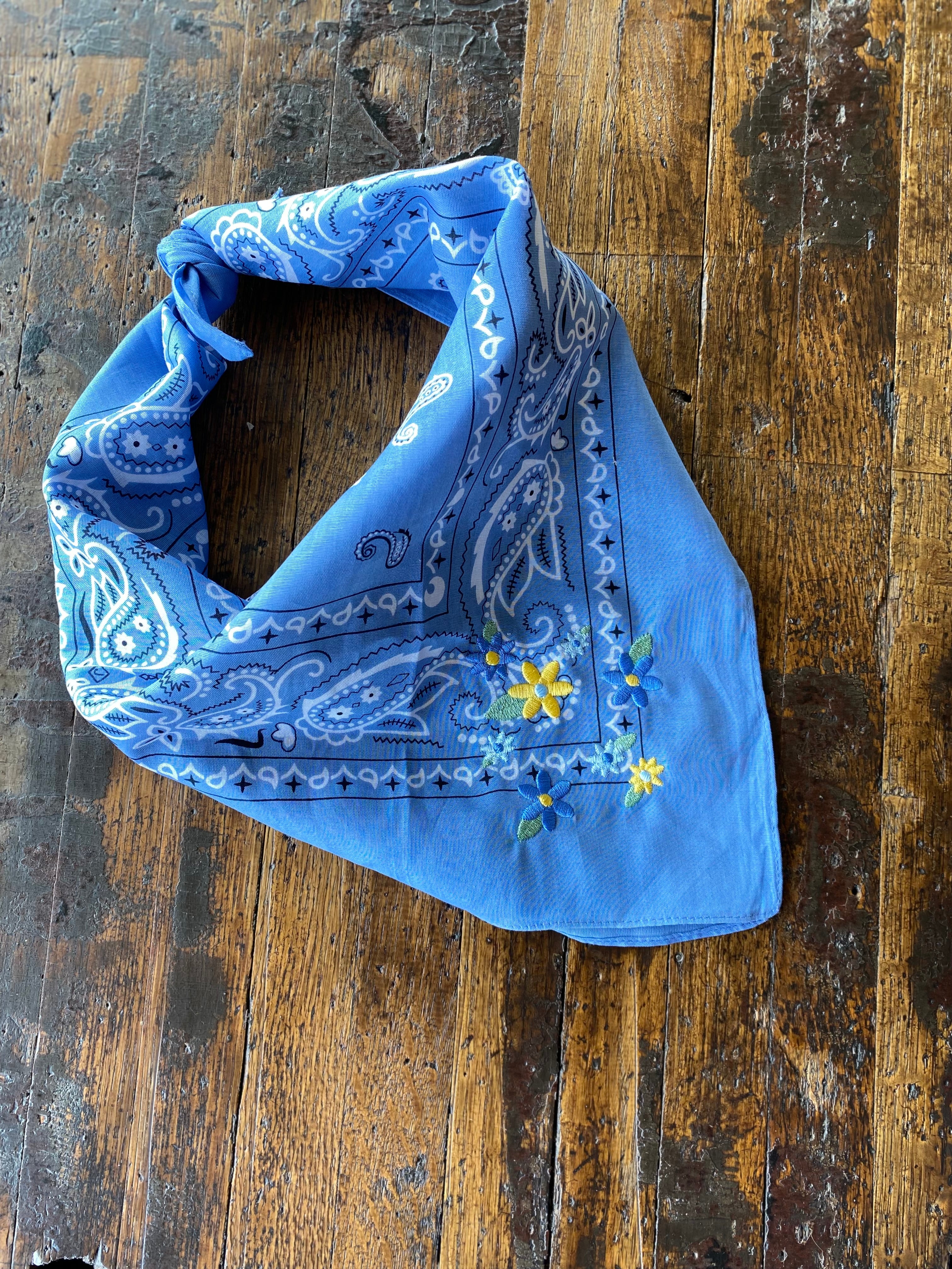 Little Lamb Embroidered Blue and Yellow Flower Bandana