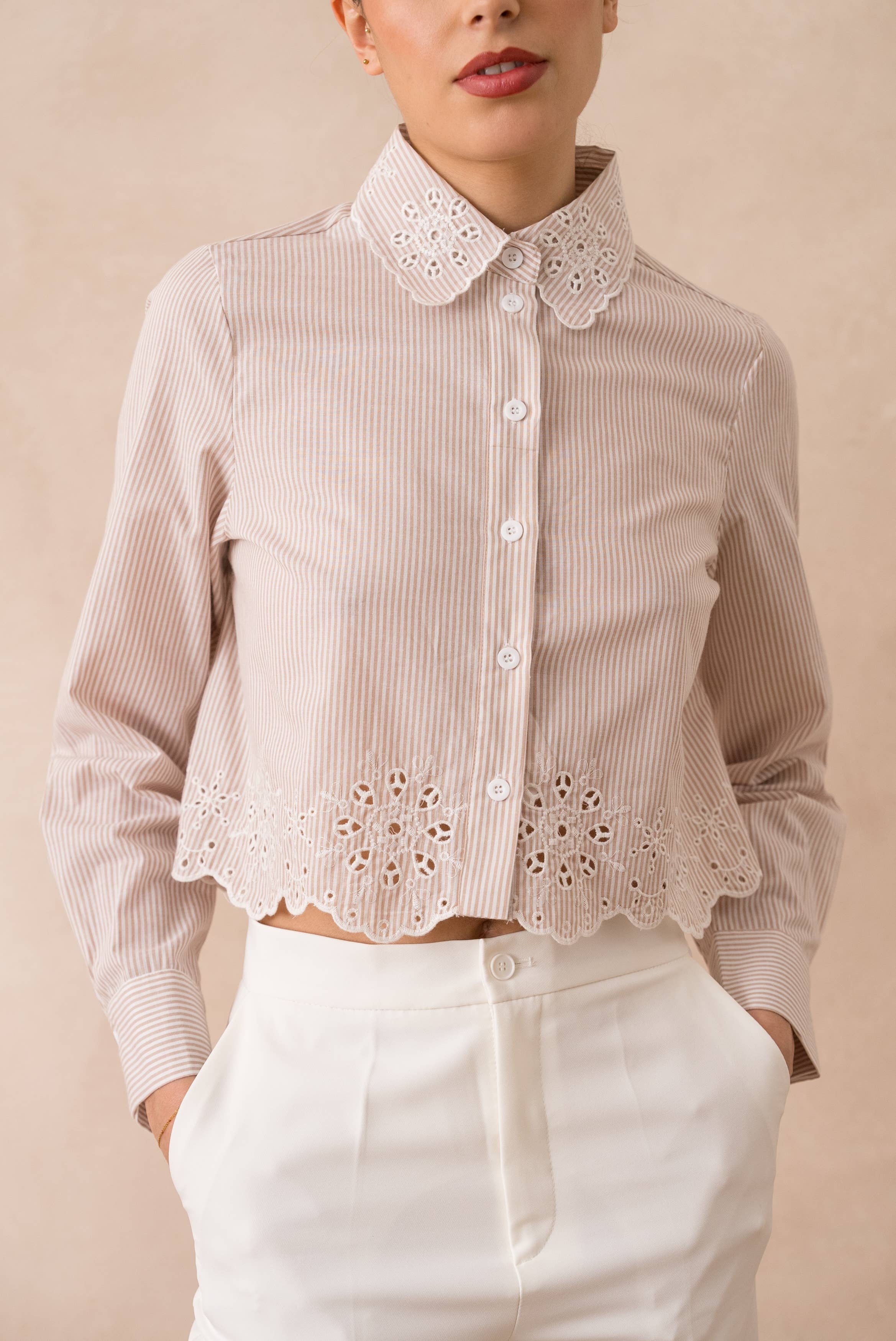 European Collection - Striped & Eyelet Cropped Shirt