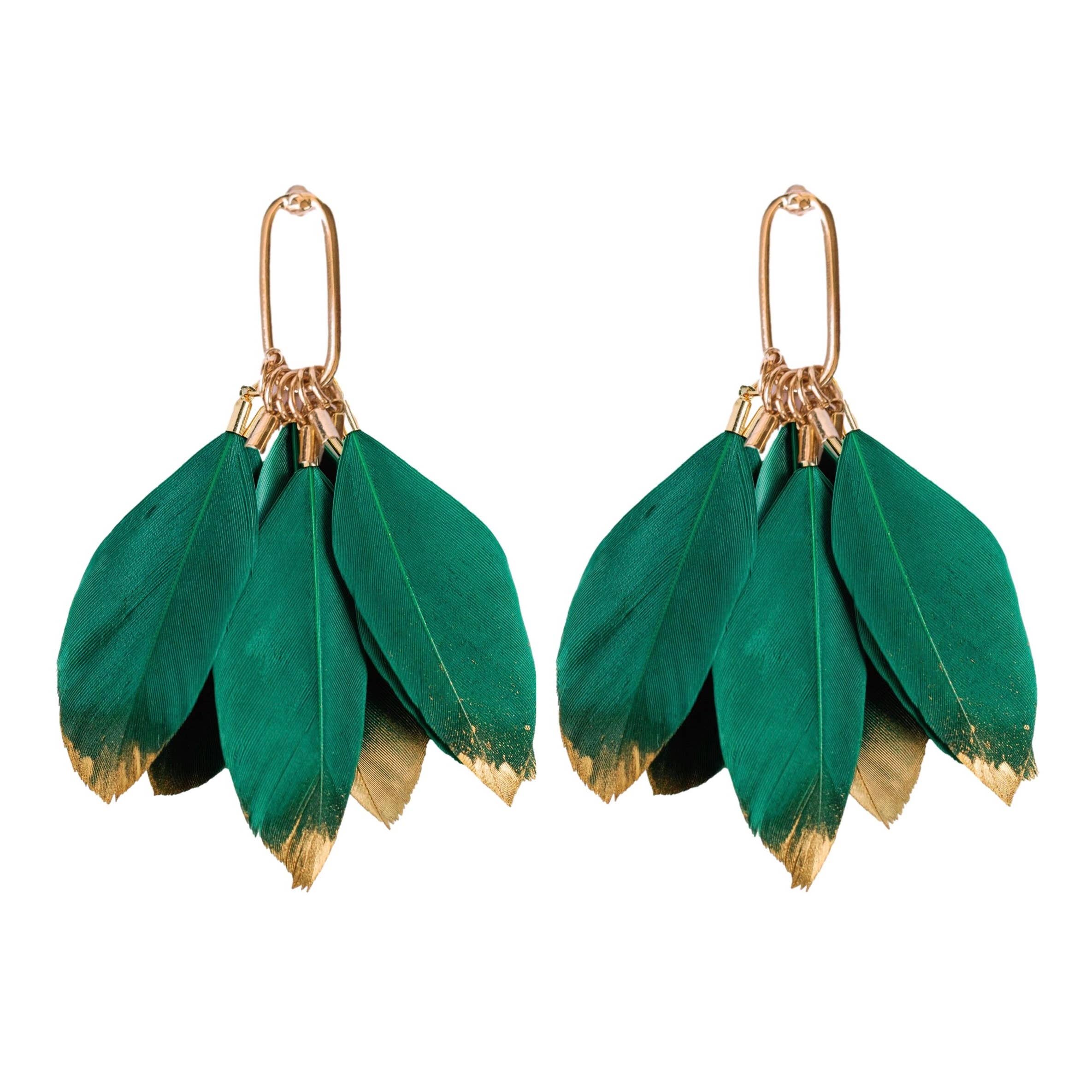 St. Armands Emerald Gold Dipped Feather Tassel Statement Earrings