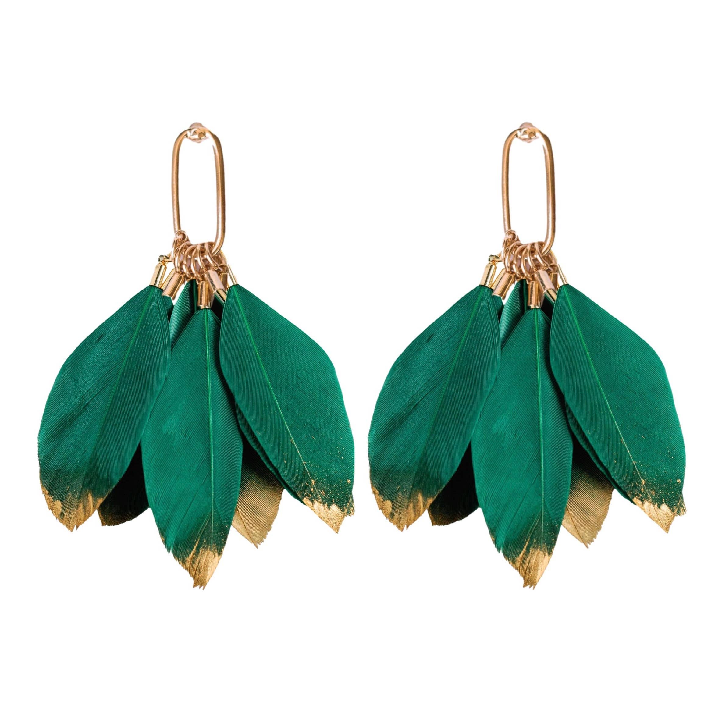 St. Armands Emerald Gold Dipped Feather Tassel Statement Earrings SAD228