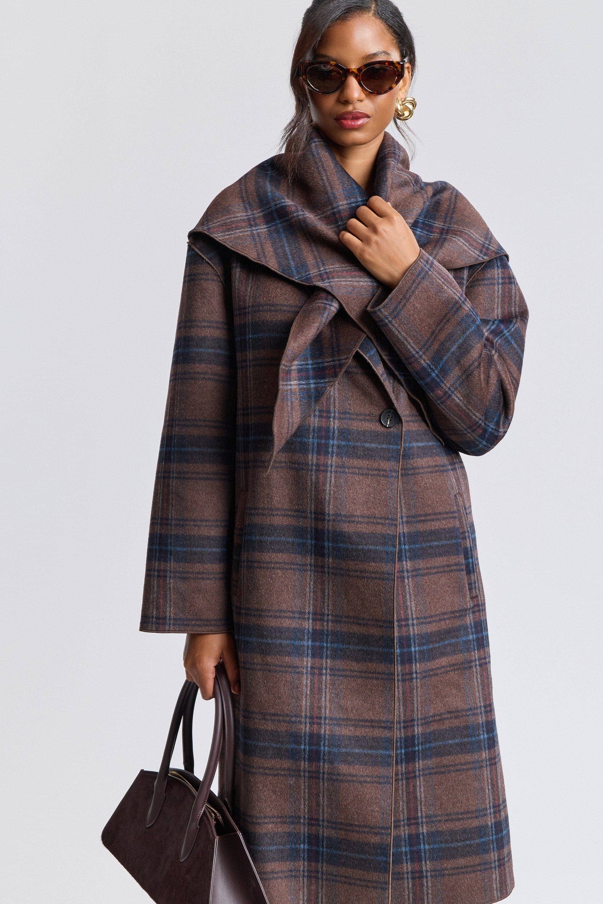 Avec Les Filles Plaid Wool Blend Scarf Trim Coat 86541