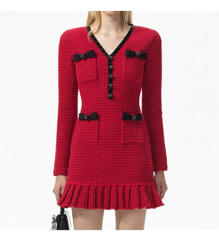 Thames Collection Elegant Bowknot V-Neck Knit Dress