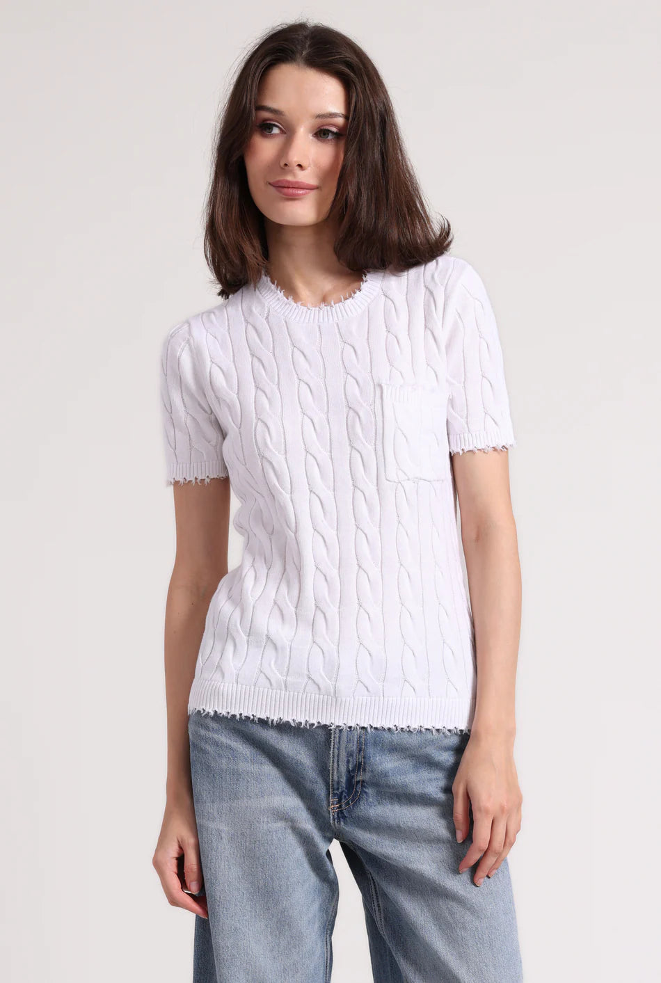 Minnie Rose Cotton Frayed Cable Short Sleeve Tee 8734