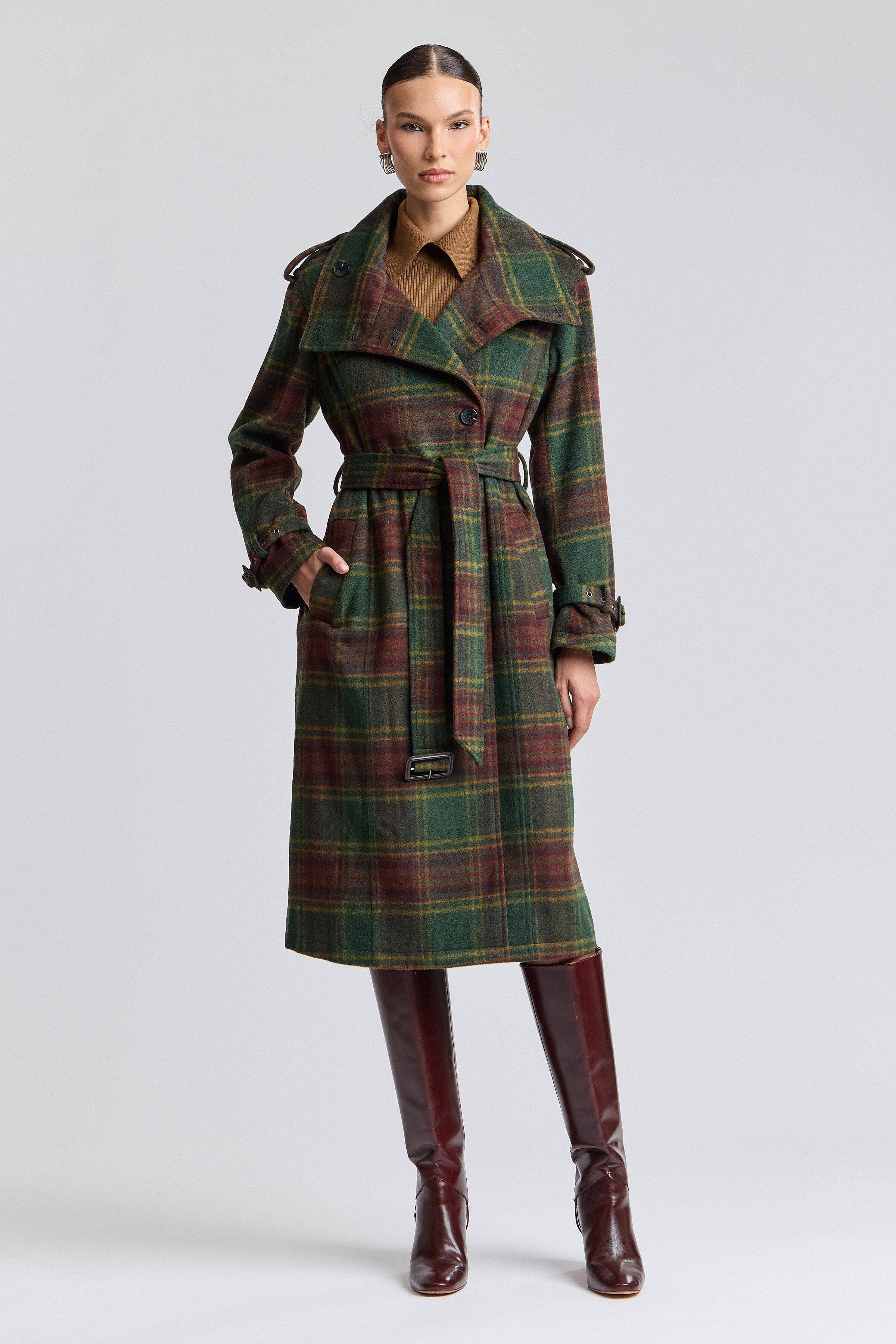 Avec Les Filles Plaid Faux Wool Utility Trench Coat 86476