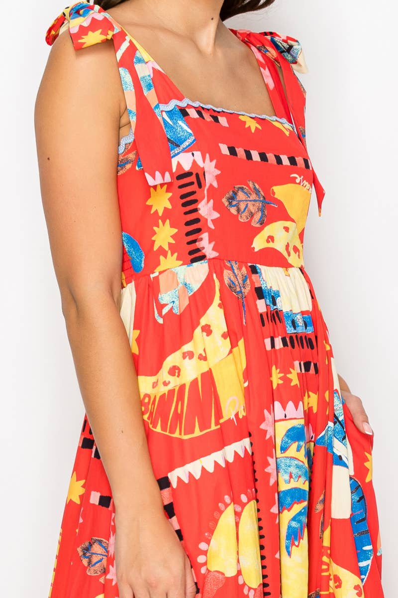 LoveWednesday Retro Red Tropical Maxi Dress