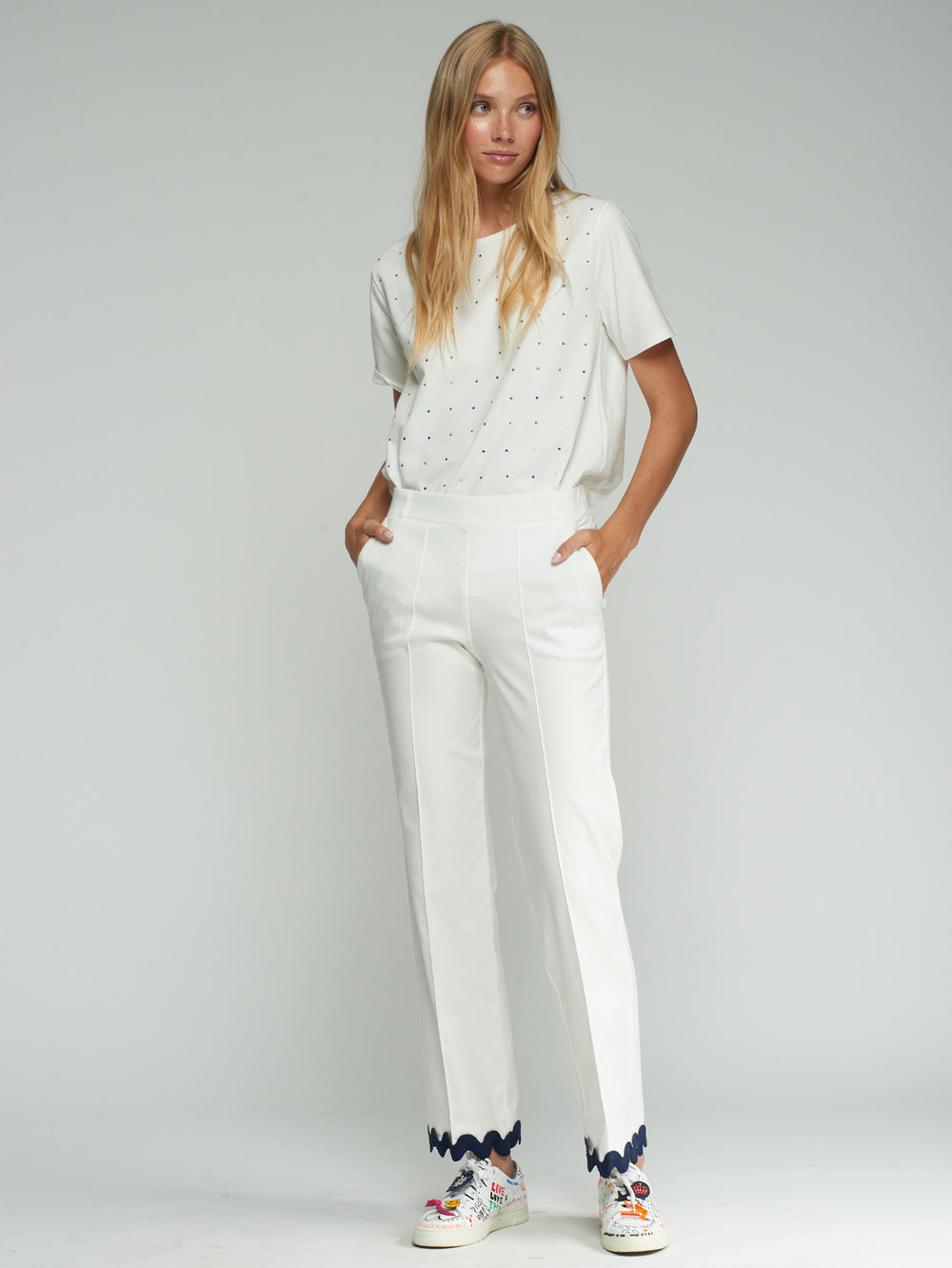 Vilagallo White Trousers with Ribbed Hem 33291