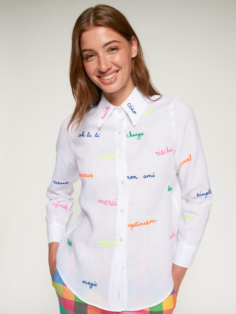 Vilagallo White Shirt with Embroidered Words 33215